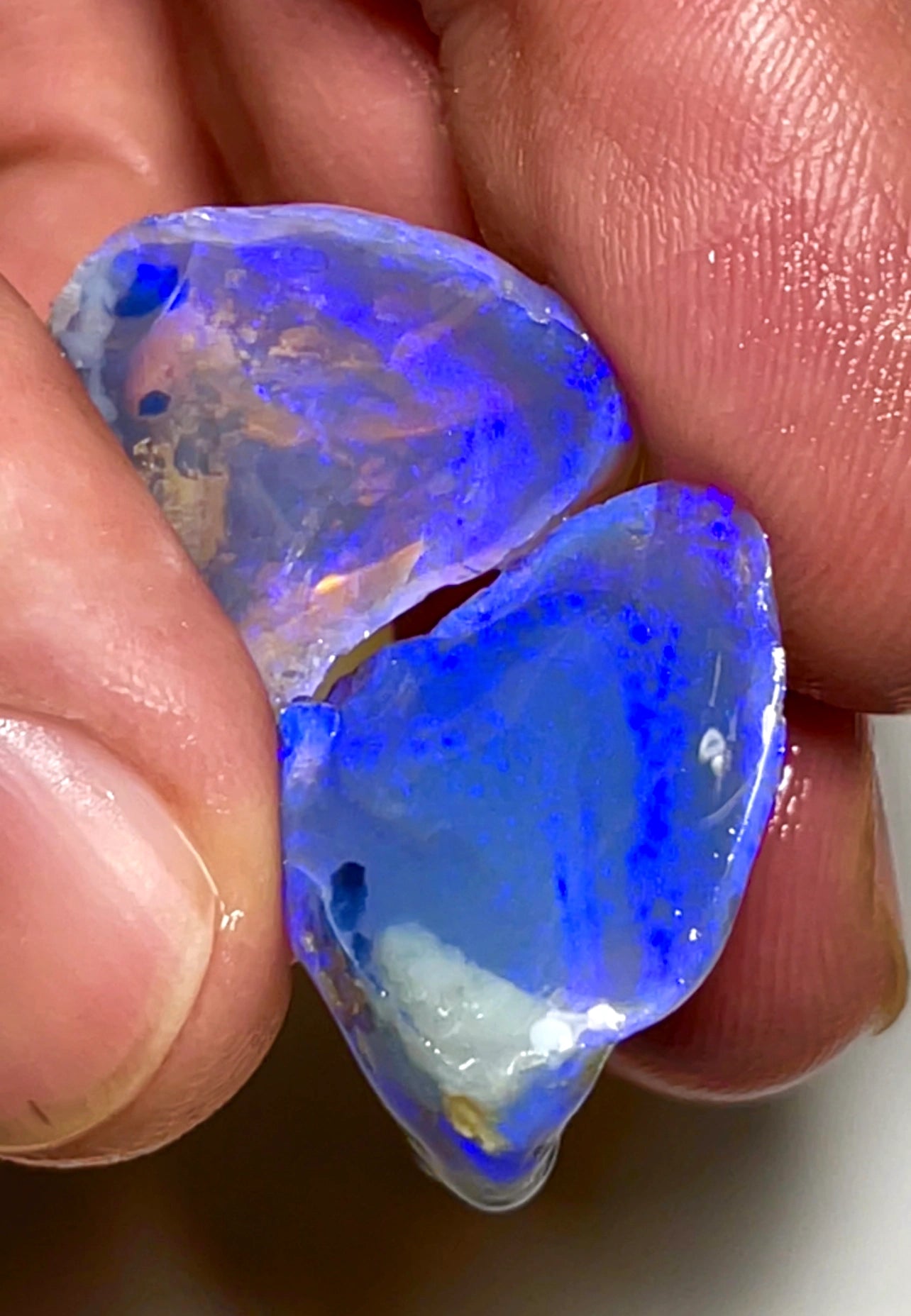 34cts Lightning Ridge Big Dark knobby rough opal split pair gorgeous blue fires 20x15x12mm & 20x15x6mm SKU#2629