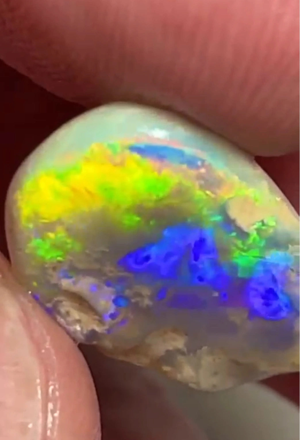 Yellow/Blue/Green dominant Very Bright Multifires 7.30cts Lightning Ridge knobby opal rub/rough 21x12x3mm  SKU#RLN011