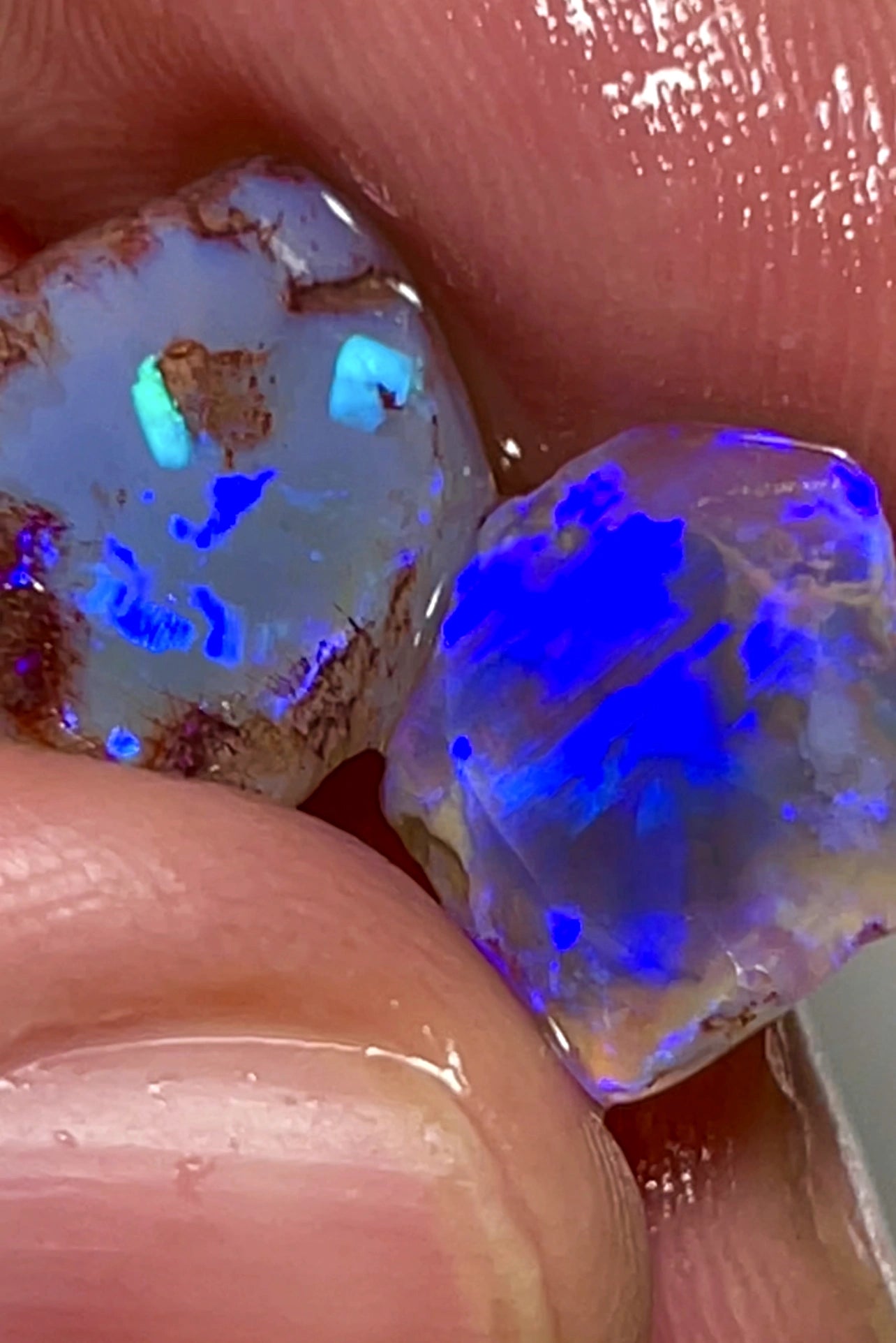 12.75cts Lightning Ridge Dark Crystal Opal Rub / rough pair Bright gorgeous Blues 15x11x6 & 12x10x4mm SKU#1790