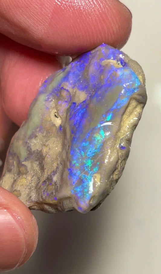 49cts Lightning Ridge Rough Opal Untouched Big Dark Crystal Seam with gorgeous Bright Blues and Greens in the bar 39x27x7mm 3377