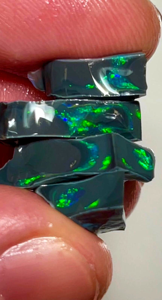 15.5cts Lightning Ridge Rough Black Opal Seam Stack Green dominant multifires 25x25x4mm to 20x18x5mm SKU#7787