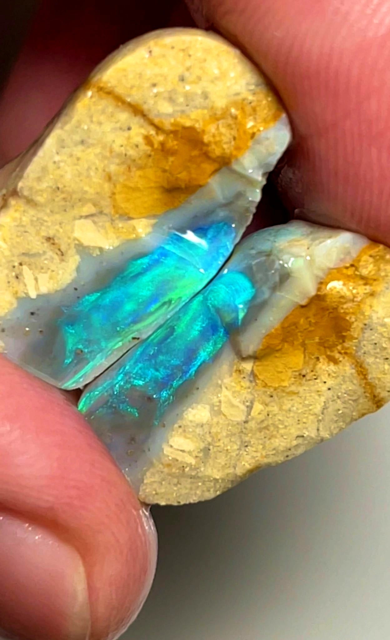 37cts Lightning Ridge Rough Opal Dark Seam Split Pair Bright & Exotic Teal/Blue/Green fires 23x16x11mm & 22x11x10mm SKU#0277