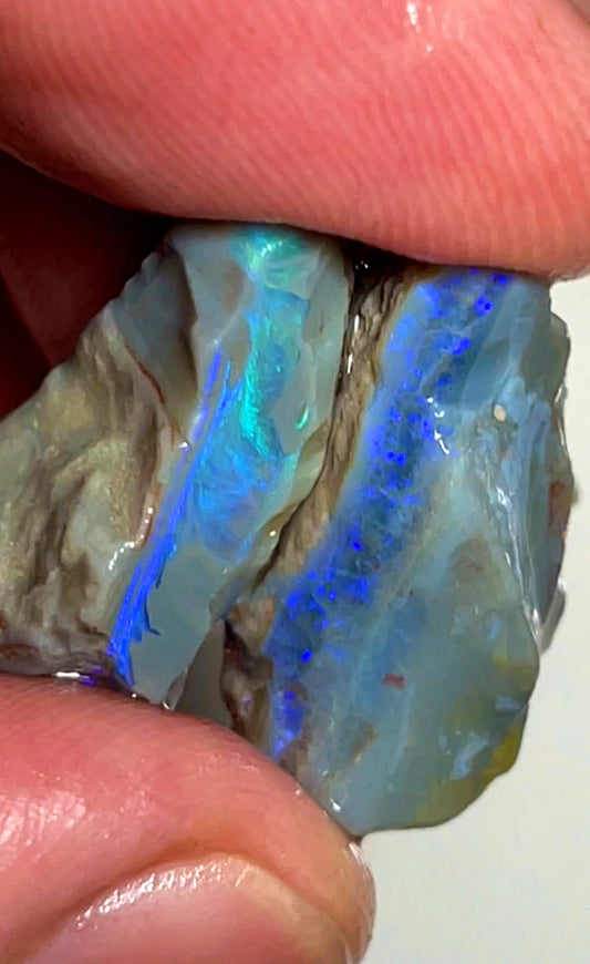 26cts Lightning Ridge Rough Opal Pair Dark Seams nice Blue/Green fires 24x12x8mm & 24x12x6mm SKU#0272