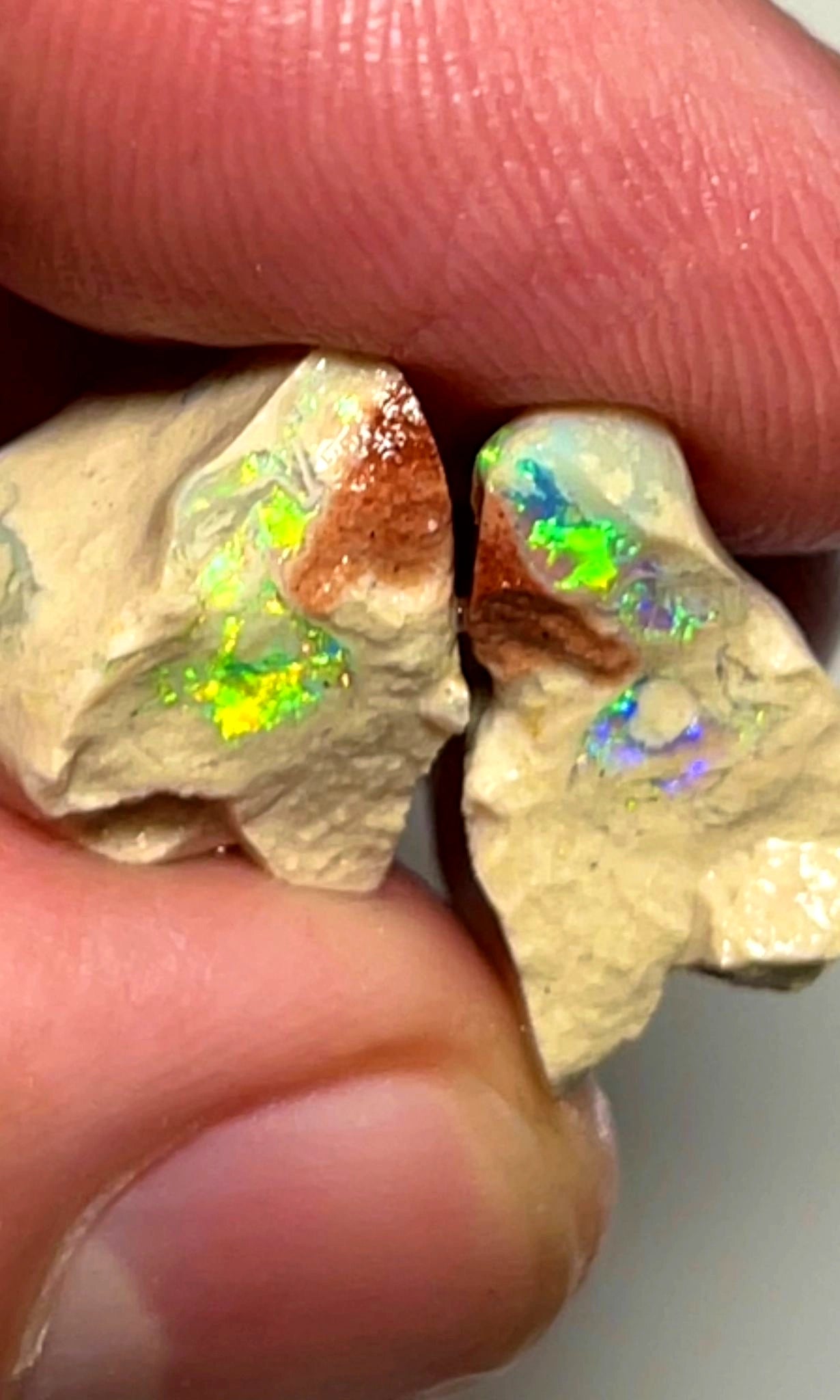 17.25cts Lightning Ridge Rough Opal Knobby Split Pair Bright Yellow dominant fires 19x15x10 & 15x12x10 mm SKU#1889