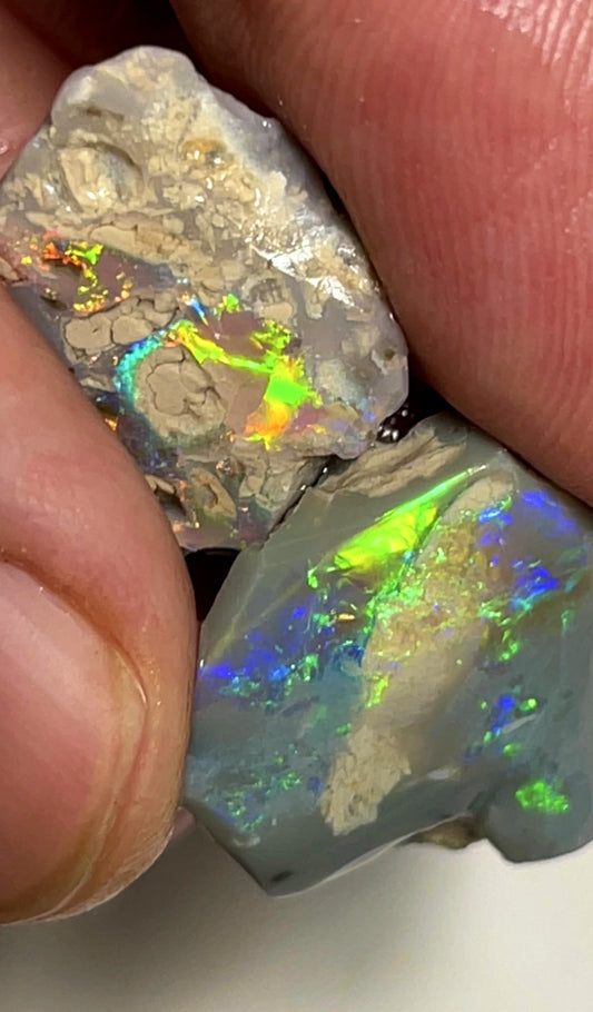 17cts Lightning Ridge Rough Rubs Opal Dark Knobby Pair Vibrant Multifires 20x16x4mm & 20x14x3mm  SKU#2864