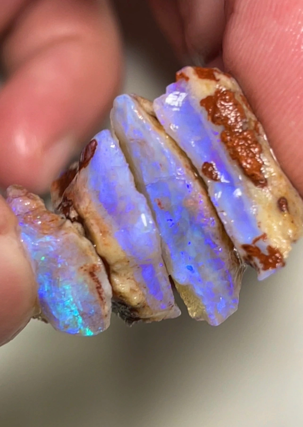 49cts Coober Pedy Rough Seam Opal pair of splits Crystal with gorgeous bright colours 24x20x5 to 17x12x7mm SKU#9462