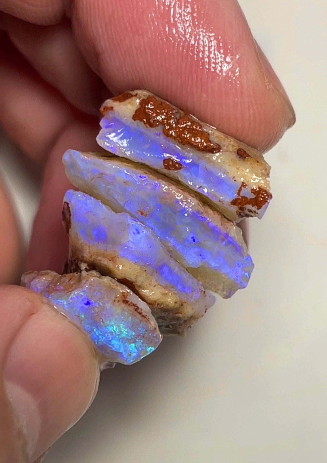 49cts Coober Pedy Rough Seam Opal pair of splits Crystal with gorgeous bright colours 24x20x5 to 17x12x7mm SKU#9462